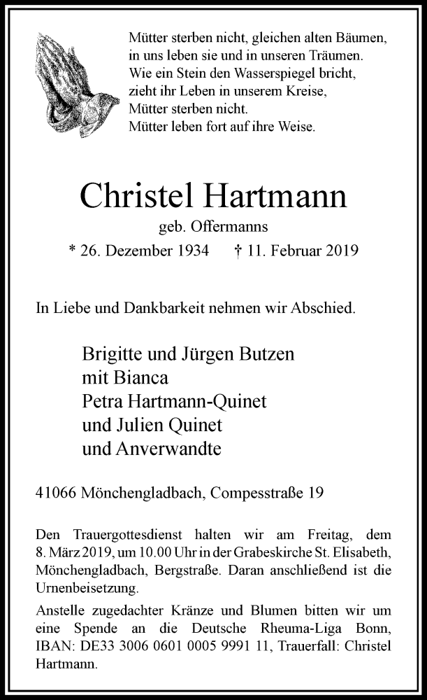  Traueranzeige für Christel Hartmann vom 23.02.2019 aus Rheinische Post