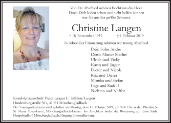 Todesanzeige von Christine Langen von Rheinische Post