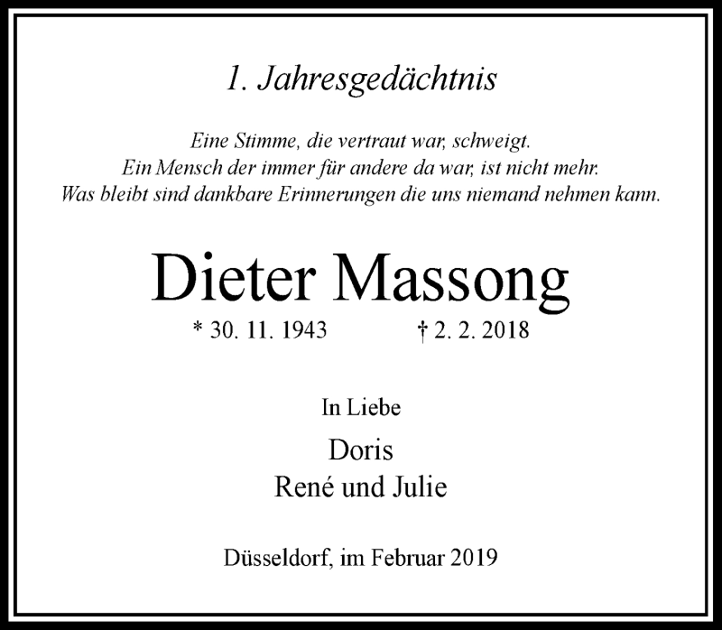  Traueranzeige für Dieter Massong vom 02.02.2019 aus Rheinische Post