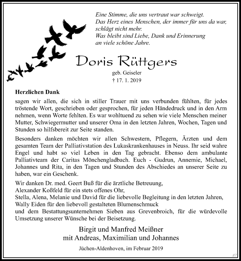 Traueranzeige für Doris Rüttgers vom 09.02.2019 aus Rheinische Post