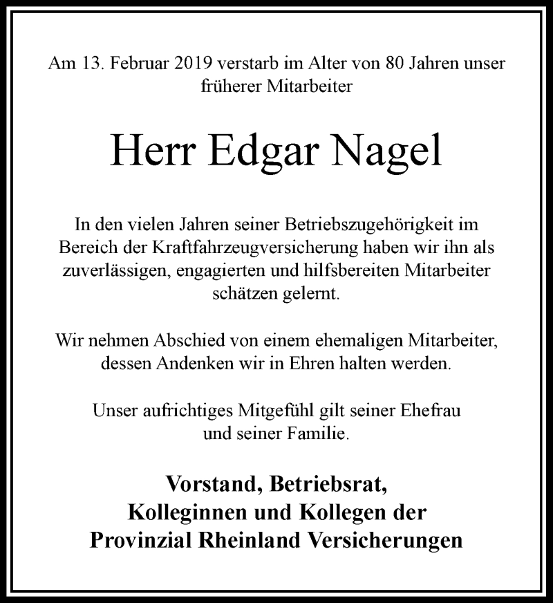  Traueranzeige für Edgar Nagel vom 16.02.2019 aus Rheinische Post