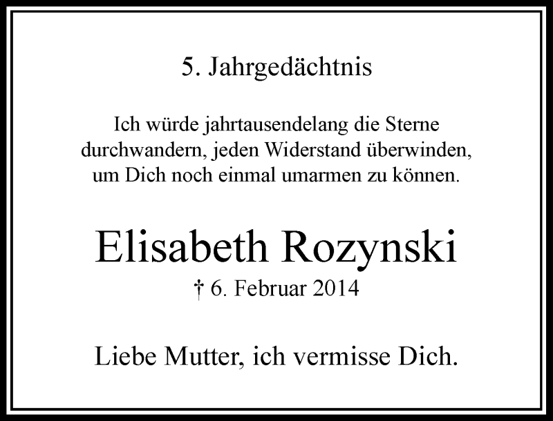  Traueranzeige für Elisabeth Rozynski vom 06.02.2019 aus Rheinische Post
