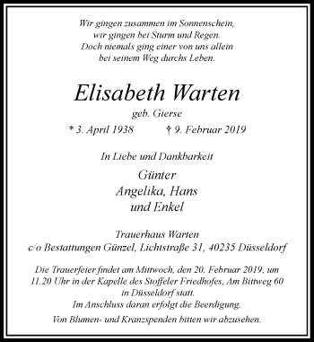 Traueranzeige von Elisabeth Warten von Rheinische Post