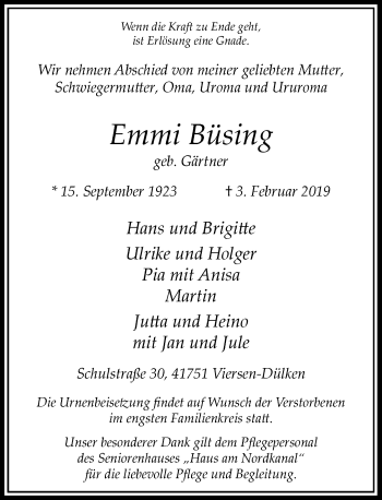Traueranzeige von Emmi Büsing von Rheinische Post