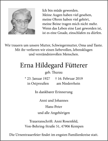 Traueranzeige von Erna Hildegard Fütterer von Rheinische Post