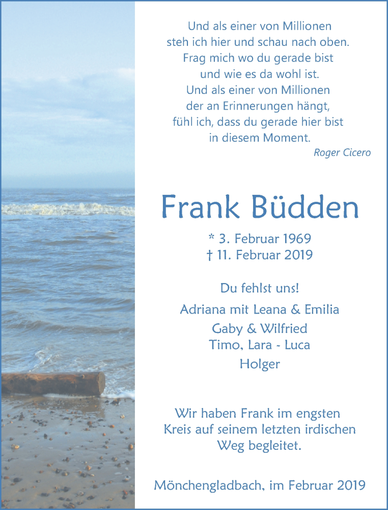  Traueranzeige für Frank Büdden vom 21.02.2019 aus Rheinische Post