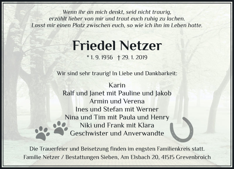  Traueranzeige für Friedel Netzer vom 02.02.2019 aus Rheinische Post