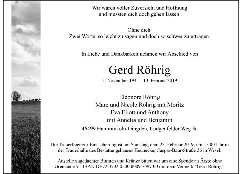  Traueranzeige für Gerd Röhrig vom 20.02.2019 aus Rheinische Post