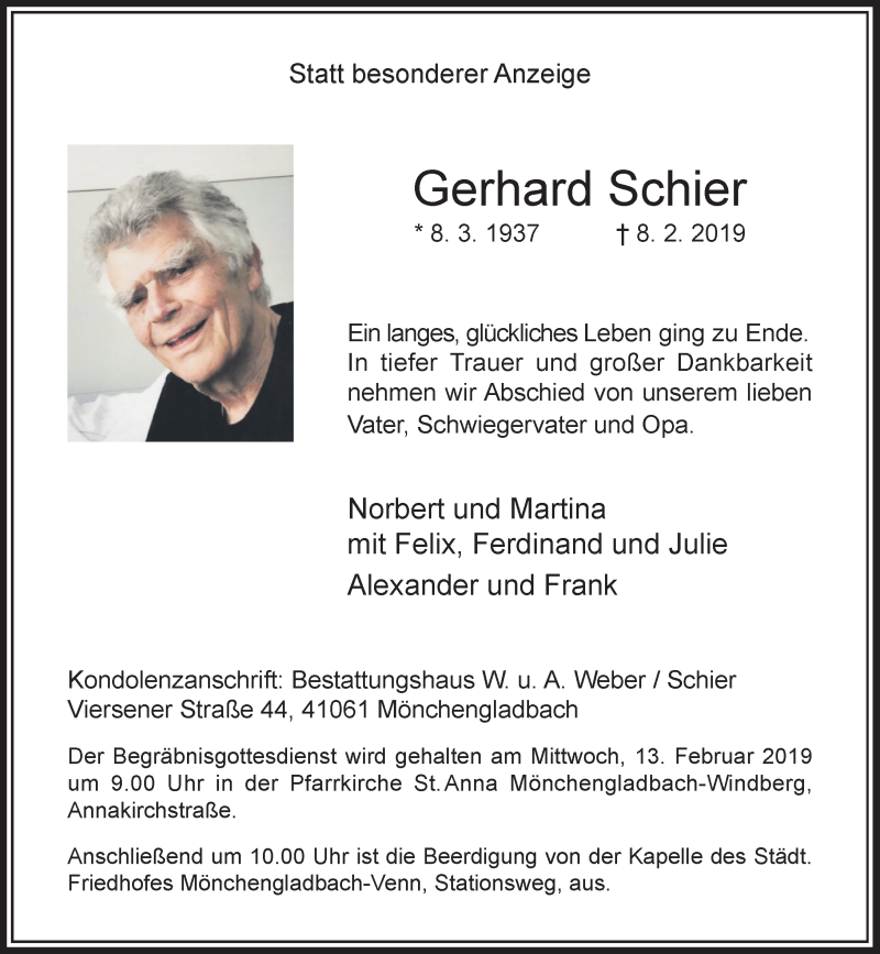  Traueranzeige für Gerhard Schier vom 12.02.2019 aus Rheinische Post