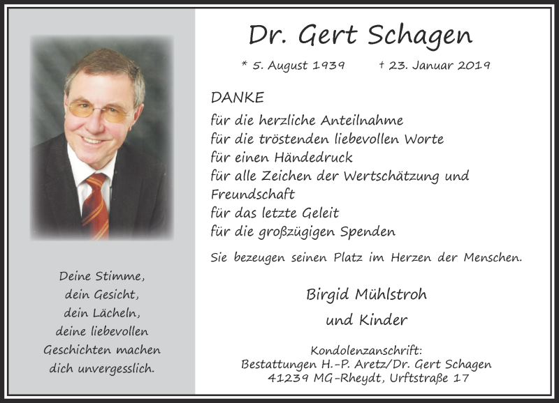  Traueranzeige für Gert Schagen vom 23.02.2019 aus Rheinische Post