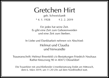 Traueranzeige von Gretchen Hirt von Rheinische Post