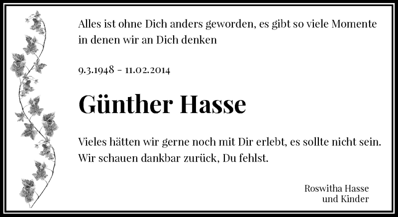  Traueranzeige für Günther Hasse vom 11.02.2019 aus Rheinische Post