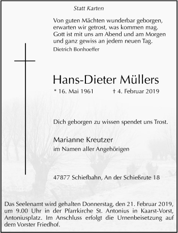 Traueranzeige von Hans-Dieter Müllers von Rheinische Post