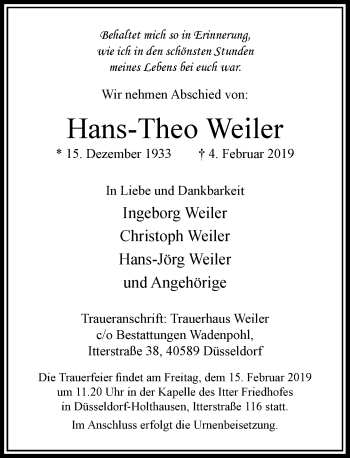 Todesanzeige von Hans-Theo Weiler von Rheinische Post