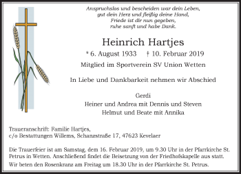 Traueranzeige von Heinrich Hartjes von Rheinische Post