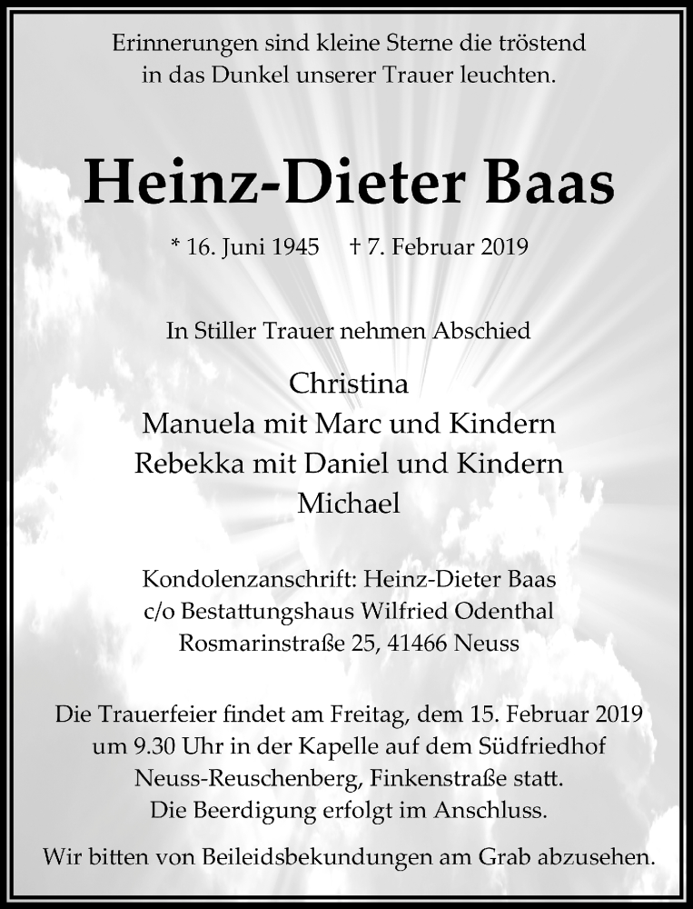  Traueranzeige für Heinz-Dieter Baas vom 12.02.2019 aus Rheinische Post