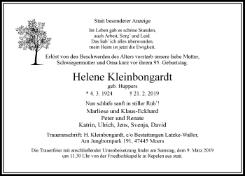 Traueranzeige von Helene Kleinbongardt von Rheinische Post