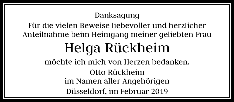  Traueranzeige für Helga Rückheim vom 16.02.2019 aus Rheinische Post