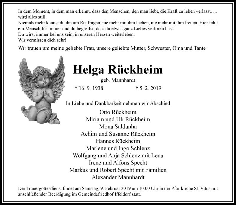  Traueranzeige für Helga Rückheim vom 07.02.2019 aus Rheinische Post