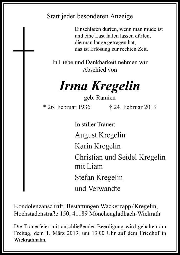  Traueranzeige für Irma Kregelin vom 26.02.2019 aus Rheinische Post