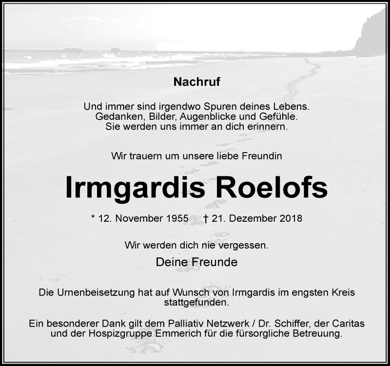  Traueranzeige für Irmgardis Roelofs vom 09.02.2019 aus Rheinische Post