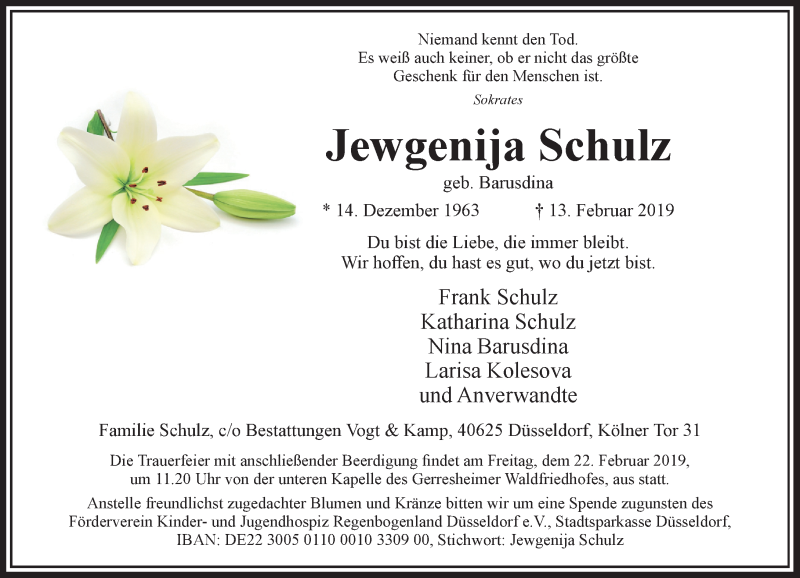  Traueranzeige für Jewgenija Schulz vom 16.02.2019 aus Rheinische Post