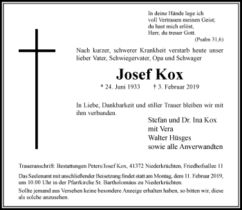 Traueranzeige von Josef Kox von Rheinische Post