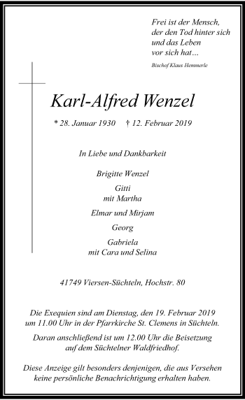 Traueranzeige von Karl-Alfred Wenzel von Rheinische Post