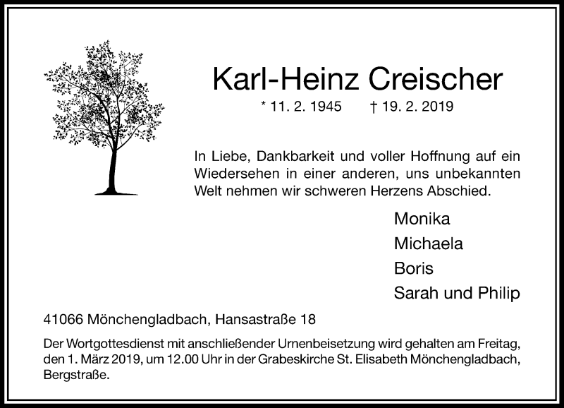  Traueranzeige für Karl-Heinz Creischer vom 23.02.2019 aus Rheinische Post