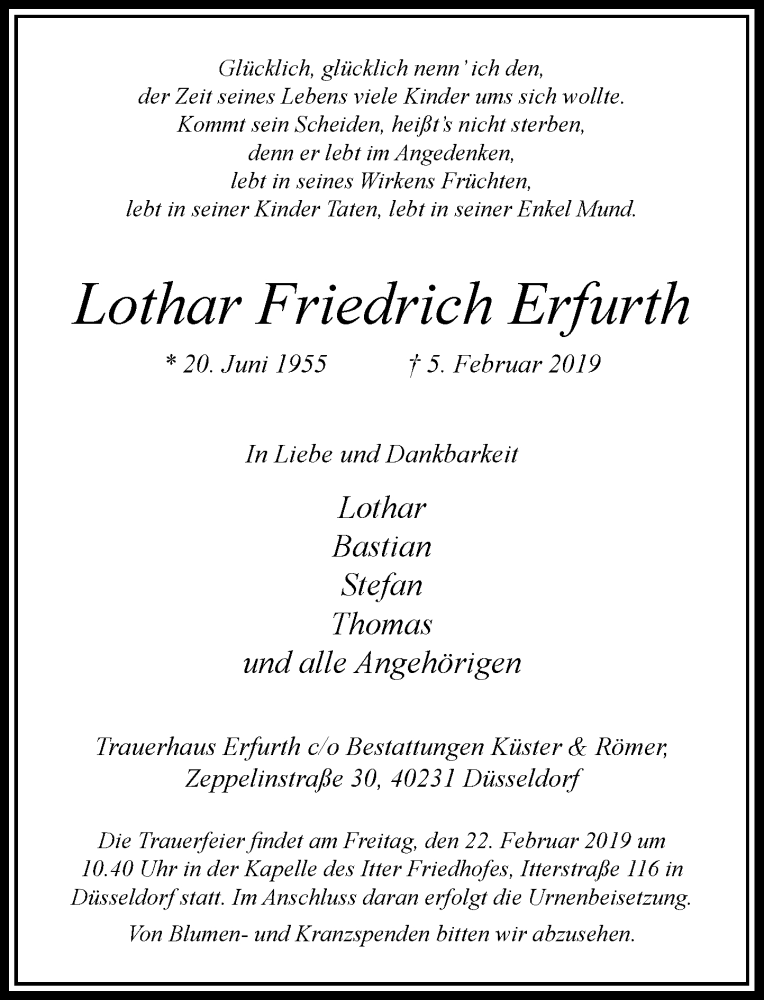  Traueranzeige für Lothar Friedrich Erfurth vom 16.02.2019 aus Rheinische Post