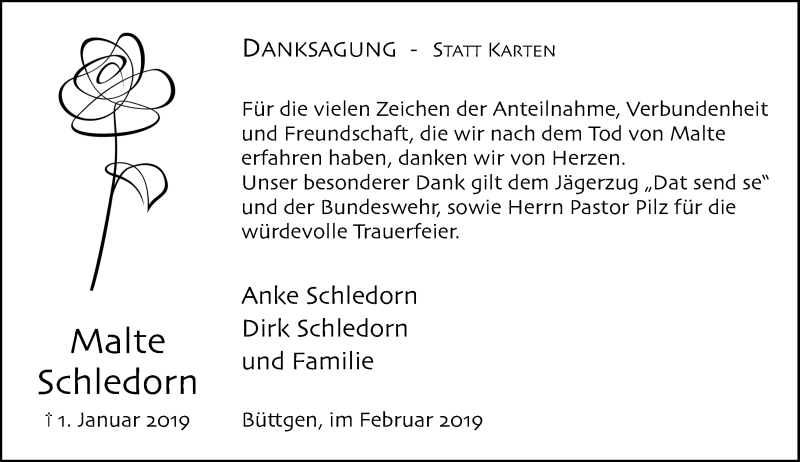  Traueranzeige für Malte Schledorn vom 09.02.2019 aus Rheinische Post