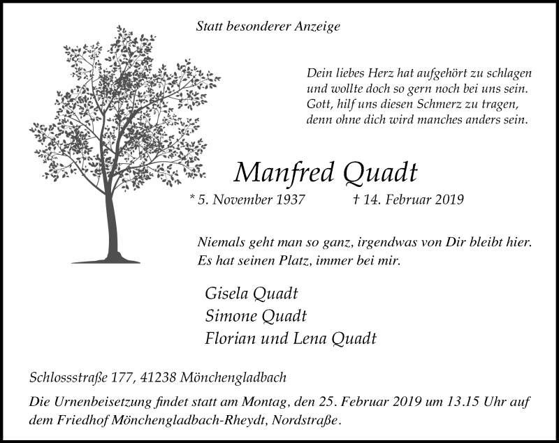  Traueranzeige für Manfred Quadt vom 20.02.2019 aus Rheinische Post