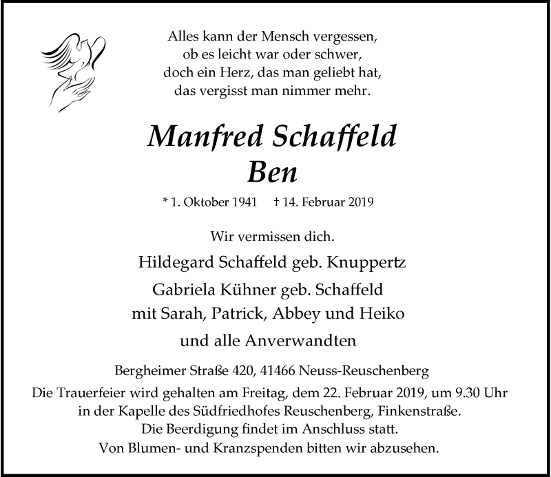  Traueranzeige für Manfred Schaffeld vom 20.02.2019 aus Rheinische Post