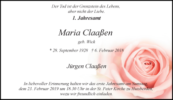 Traueranzeige von Maria Claaßen von Rheinische Post