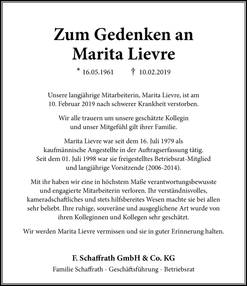  Traueranzeige für Marita Lièvre vom 16.02.2019 aus Rheinische Post