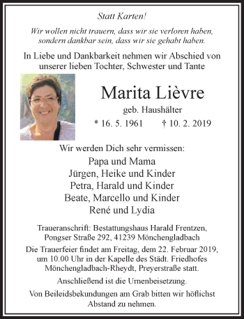 Traueranzeige von Marita Lièvre von Rheinische Post