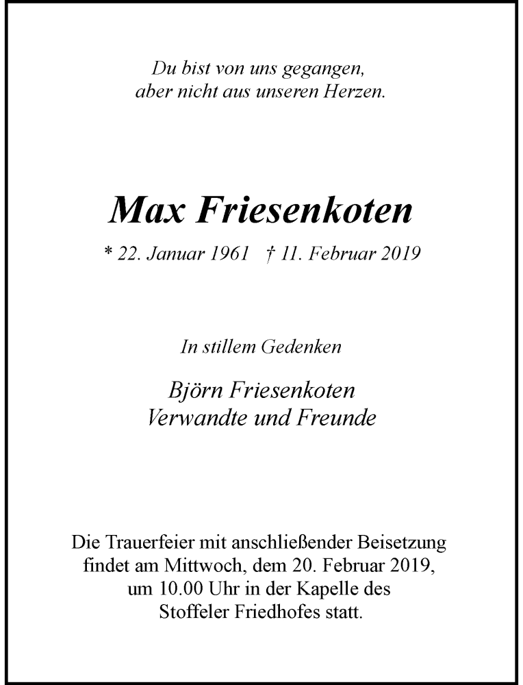  Traueranzeige für Max Friesenkoten vom 16.02.2019 aus Rheinische Post