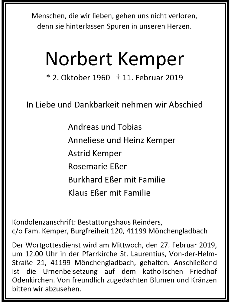  Traueranzeige für Norbert Kemper vom 16.02.2019 aus Rheinische Post