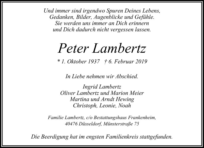  Traueranzeige für Peter Lambertz vom 16.02.2019 aus Rheinische Post