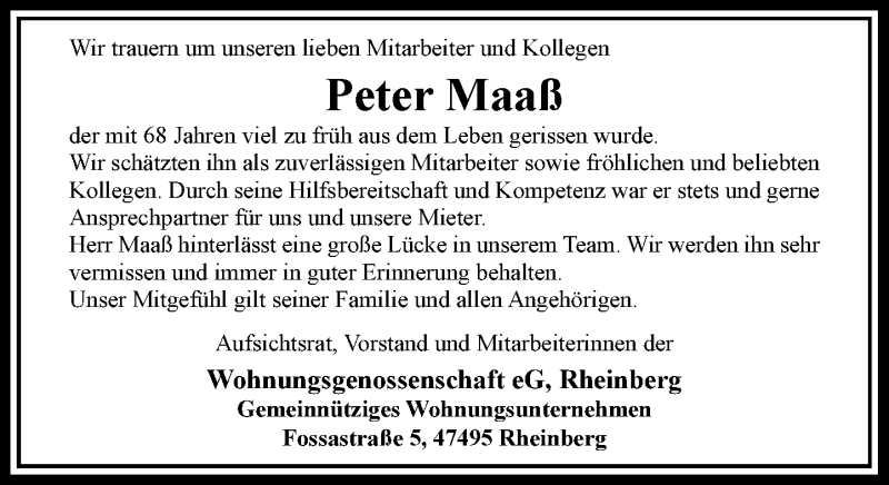  Traueranzeige für Peter Maaß vom 28.02.2019 aus Rheinische Post