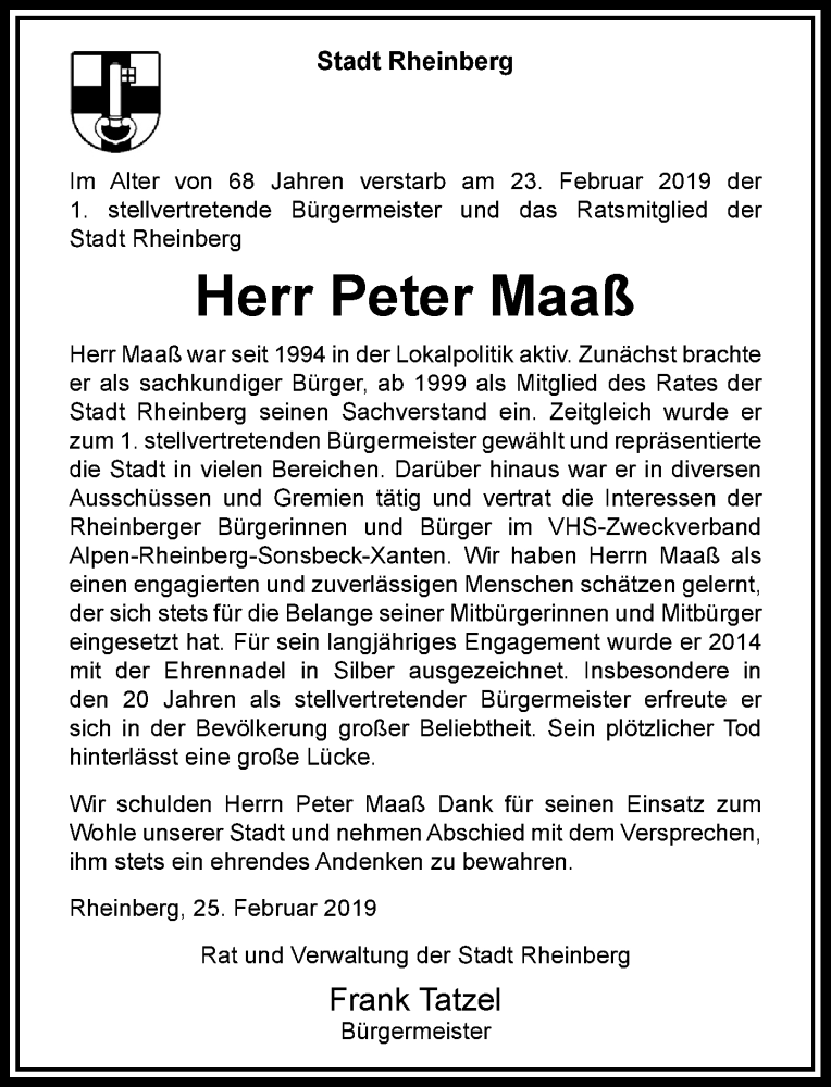  Traueranzeige für Peter Maaß vom 27.02.2019 aus Rheinische Post