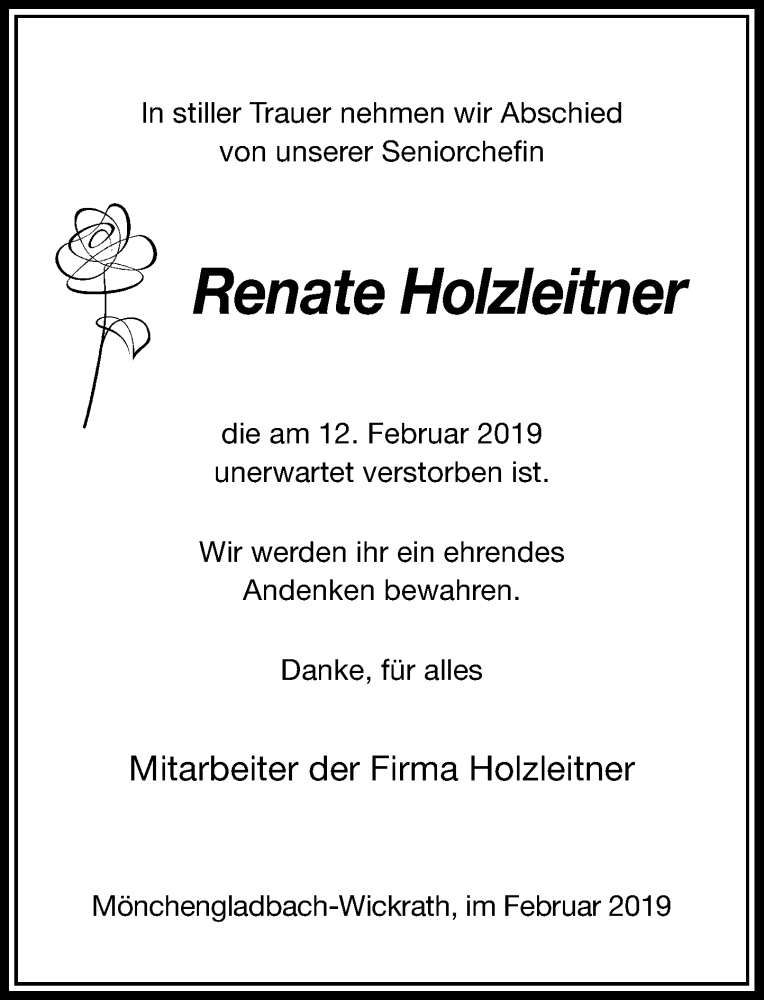  Traueranzeige für Renate Holzleitner vom 18.02.2019 aus Rheinische Post