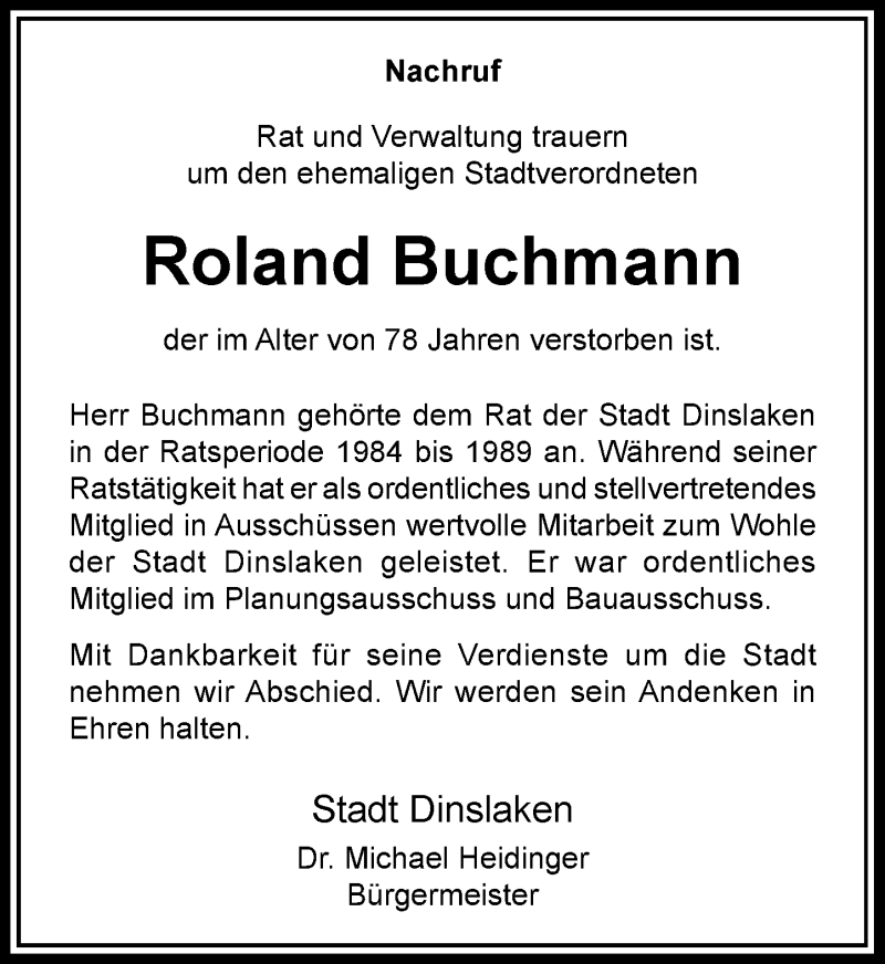  Traueranzeige für Roland Buchmann vom 16.02.2019 aus Rheinische Post