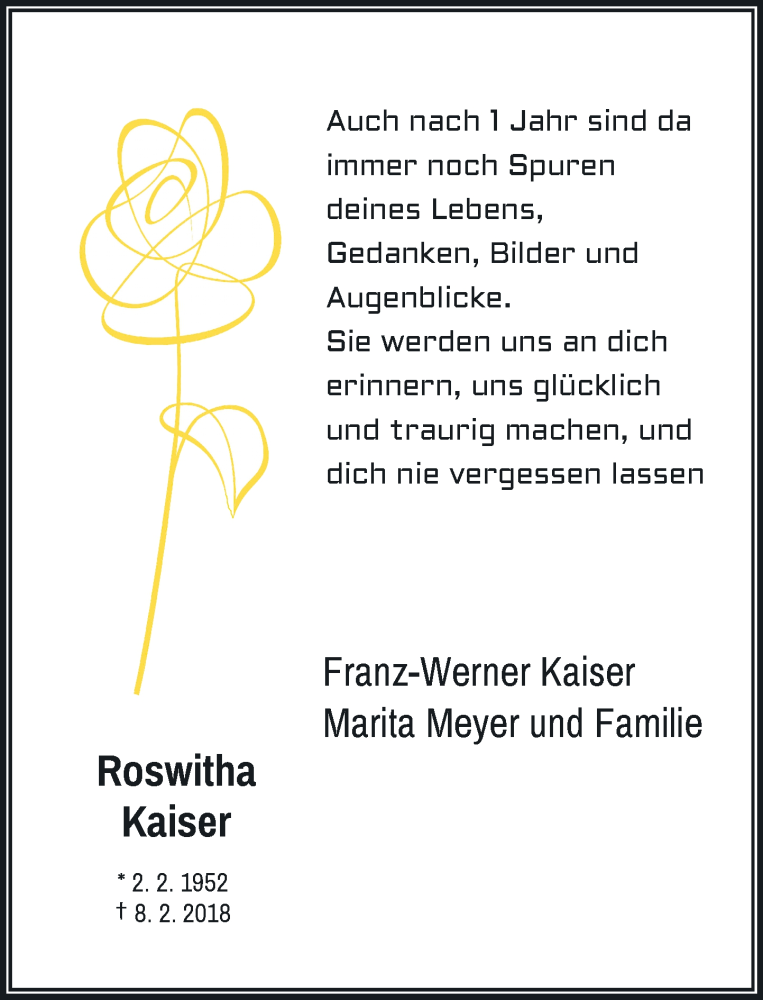  Traueranzeige für Roswitha Kaiser vom 08.02.2019 aus Rheinische Post