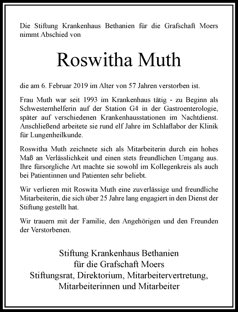  Traueranzeige für Roswitha Muth vom 23.02.2019 aus Rheinische Post