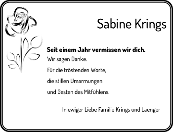 Traueranzeige von Sabine Krings von Rheinische Post