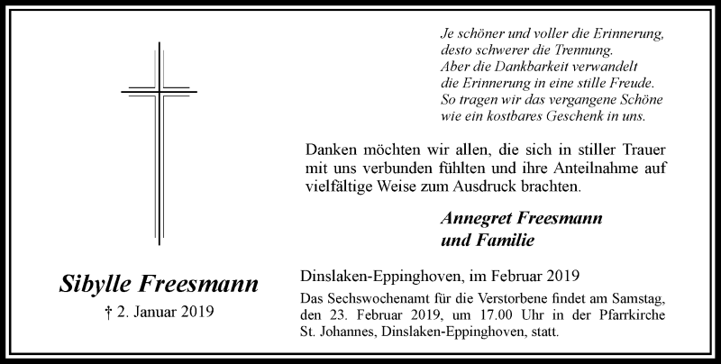  Traueranzeige für Sibylle Freesmann vom 16.02.2019 aus Rheinische Post