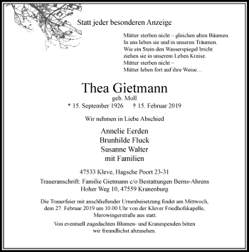 Traueranzeige von Thea Gietmann von Rheinische Post