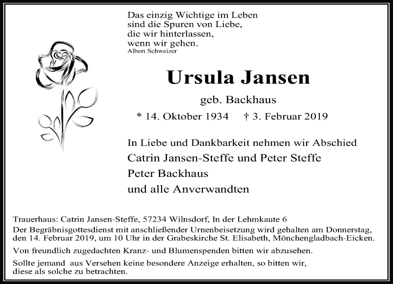  Traueranzeige für Ursula Jansen vom 09.02.2019 aus Rheinische Post