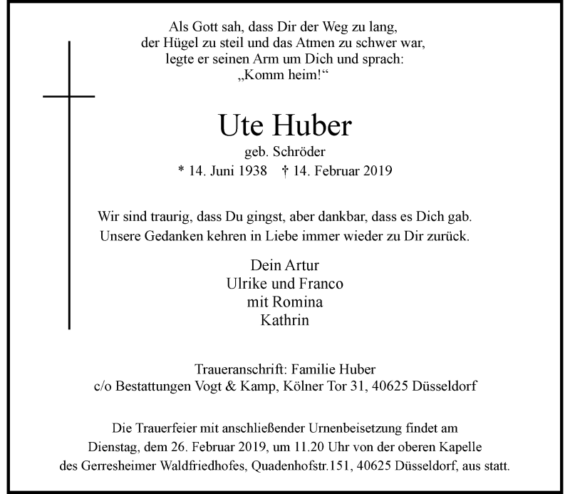  Traueranzeige für Ute Huber vom 23.02.2019 aus Rheinische Post